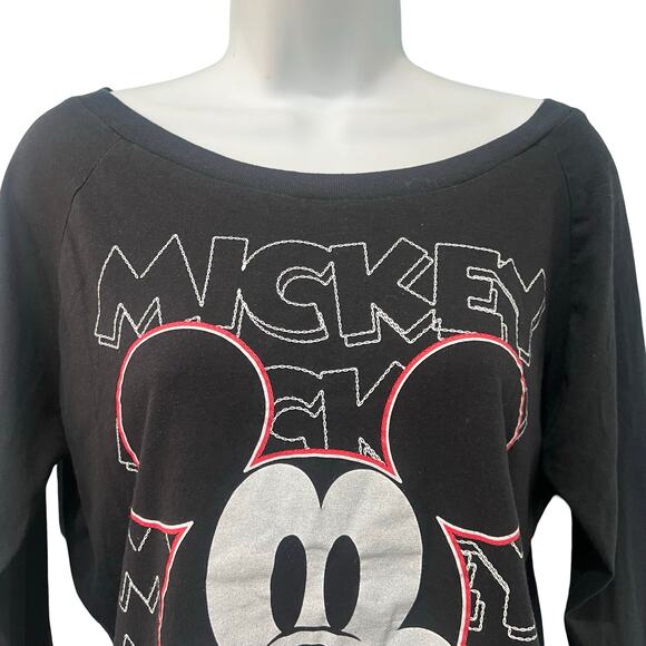 Disney Mickey Mouse Screen Print Black Cropped Scoop Neck Long Sleeve Tee size S - Picture 6 of 8
